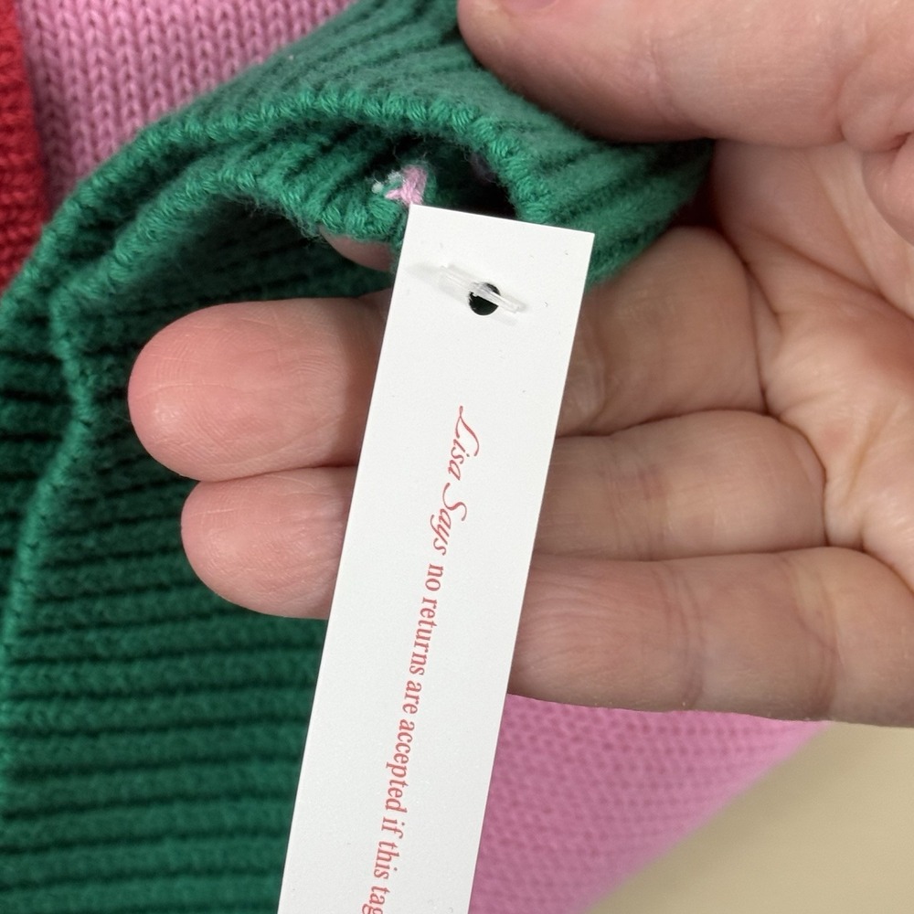 Lisa Says Gah Pink Cardigan with Green and Red Accents - Picture 6 of 8